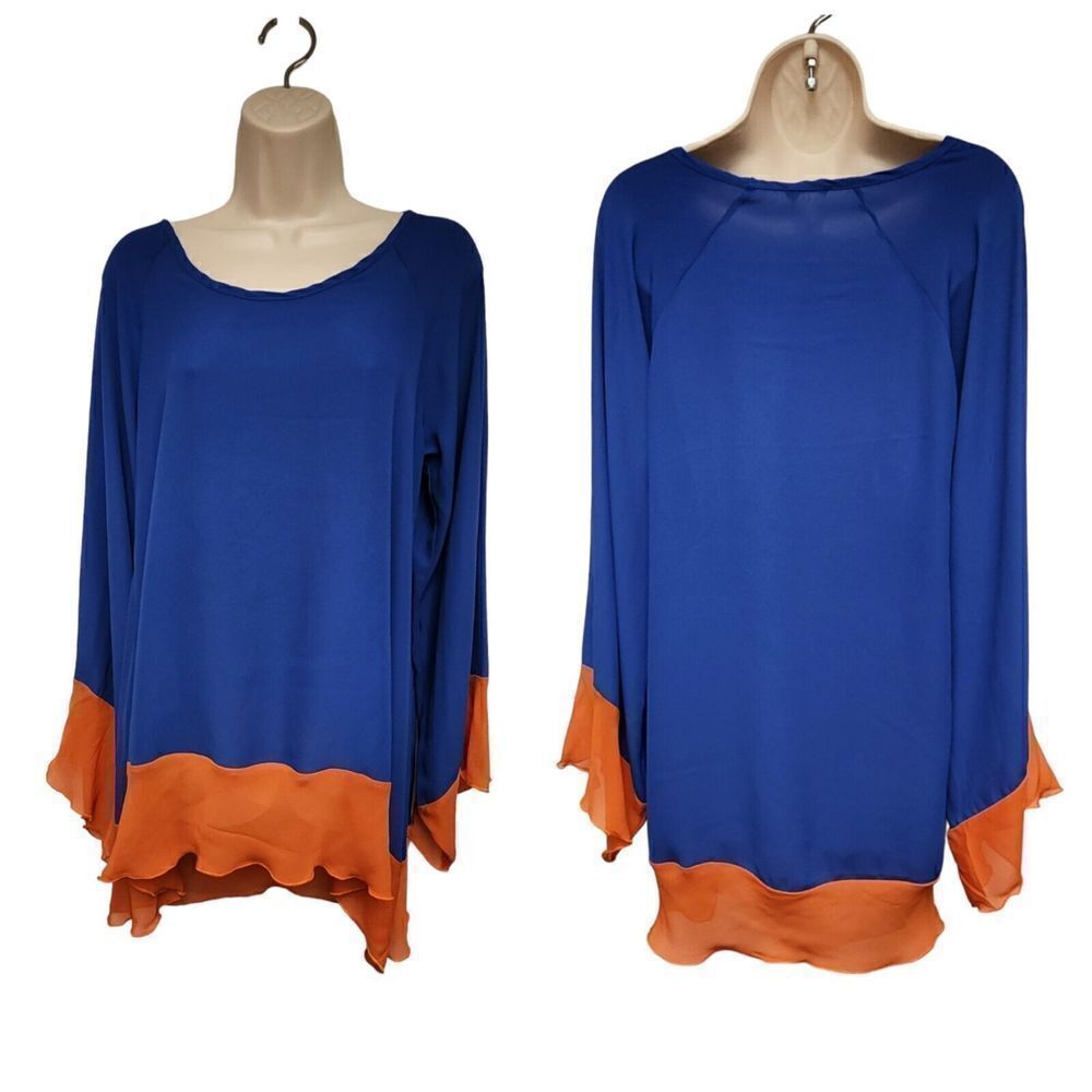 J&M CLOTHING Boutique Lo-Hi  Bell Sleeve Tunic Chiffon Top Blouse Blue/Orange M